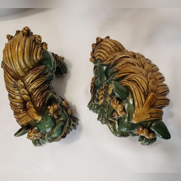 Chinese Foo Dogs, Pair, Green and brown, Unique, Rare - Picture 6 of 12